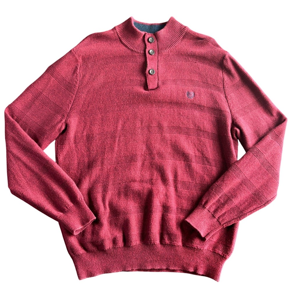 Chaps Mens Burgundy‎ Red Textured Stripe Mock Neck Quarter Button Sweater Large